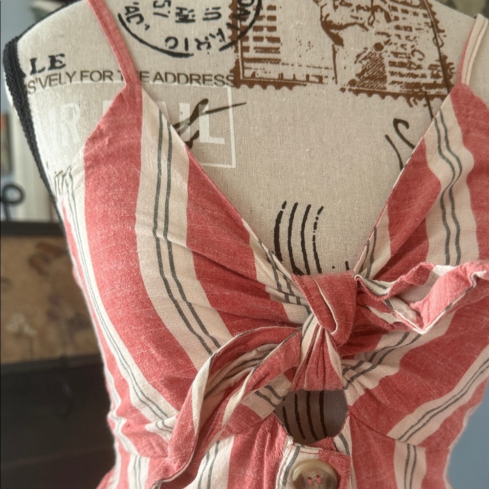 Japna Coral Red Creamy White Striped Tie-Front Button Up Spaghetti Strap Dress - Picture 4 of 12